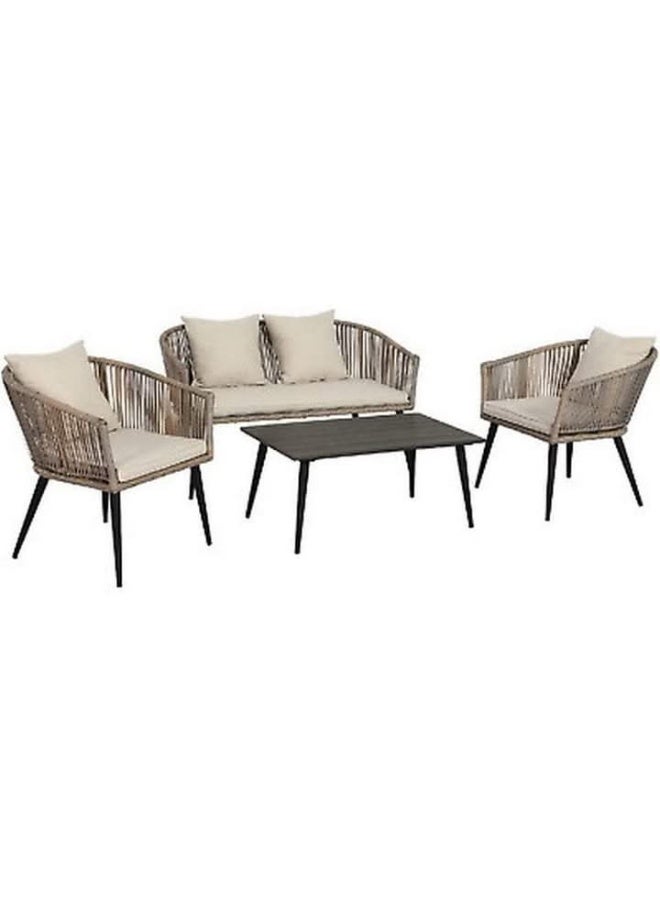 Rope Outdoor Seating Set Sofa Two Chairs and Table Metal Frame Jacquard Cushions Weather Resistant Patio Garden Balcony Terrace Modern Stylish Outdoor Furniture